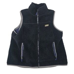 LL Bean Mens Sherpa Fleece Vest Navy Blue Full Zip Katahdin Logo Mock Neck Large